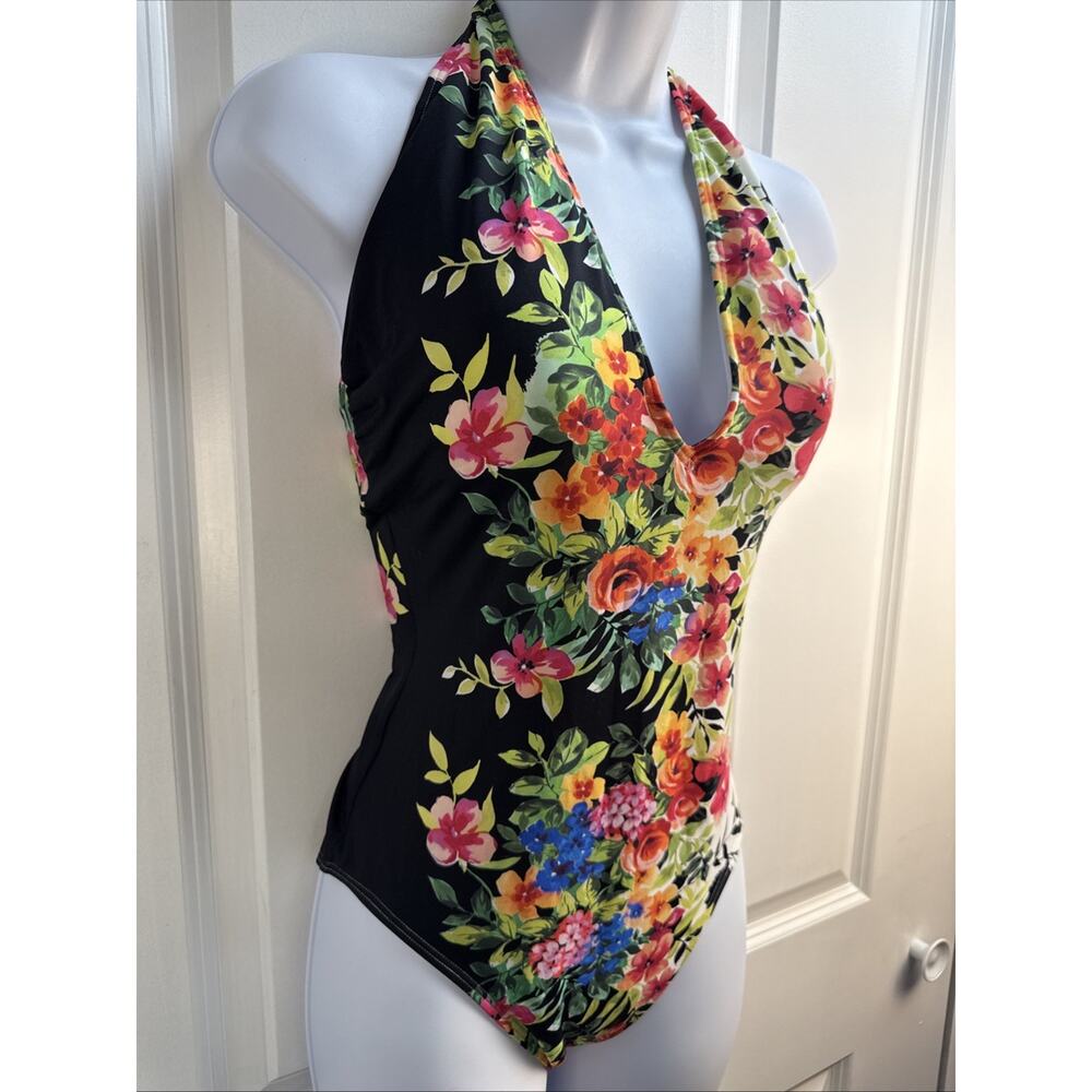Johnny Was L Spring Halter One Piece Swim Suit Floral Plunging $198 NWT - Picture 6 of 13